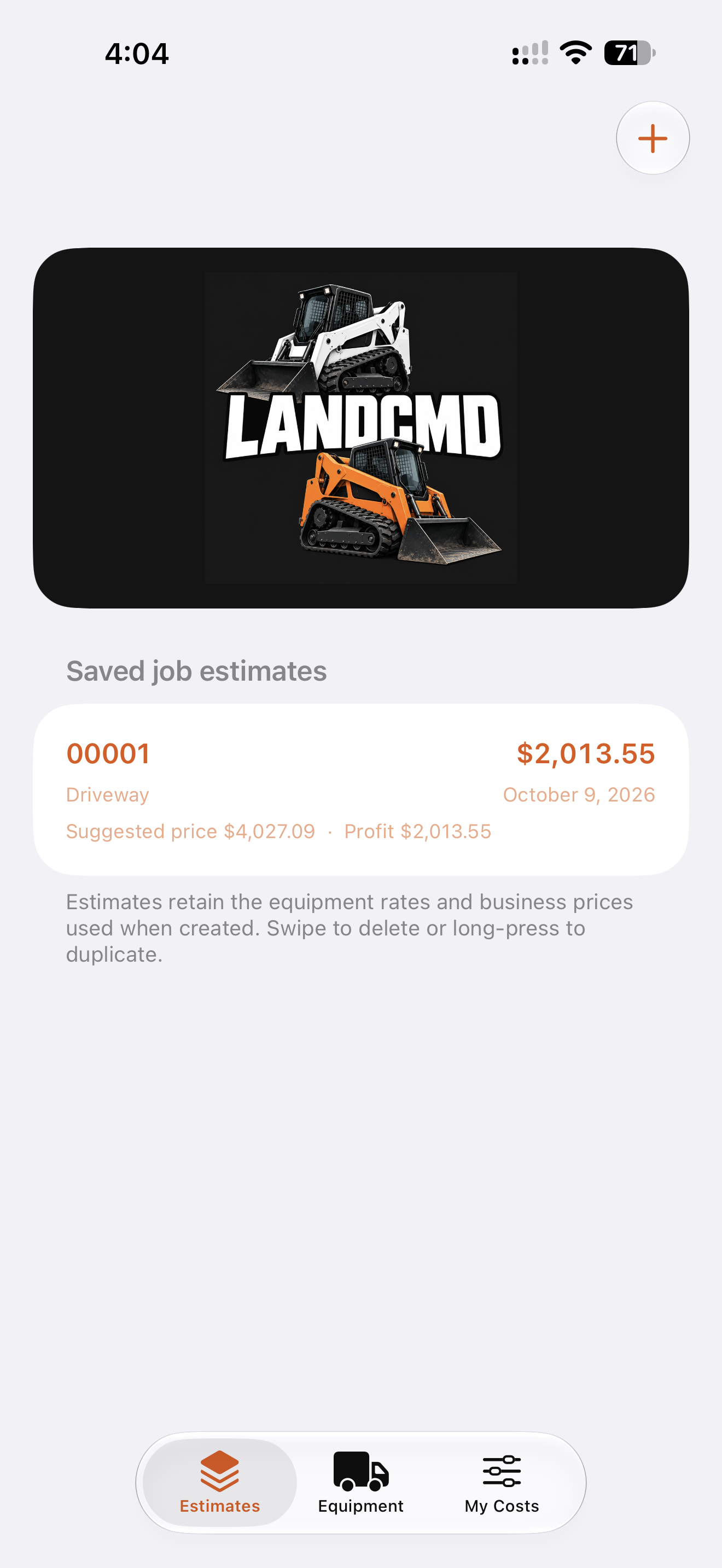 LANDCMD saved driveway estimate showing estimated cost, suggested price, and projected profit